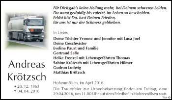 Traueranzeige von Andreas Krötzsch von WVG - Wochenspiegel NMB / WSF / ZTZ