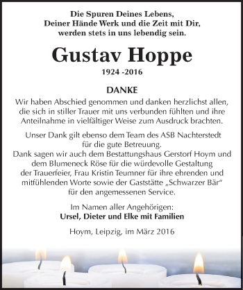 Traueranzeige von Gustav Hoppe von Mitteldeutsche Zeitung Aschersleben