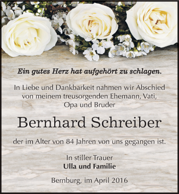 Traueranzeige von Bernhard Schreiber von Mitteldeutsche Zeitung Bernburg