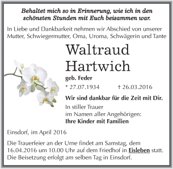 Traueranzeige von Waltraud Hartwich von Mitteldeutsche Zeitung Sangerhausen