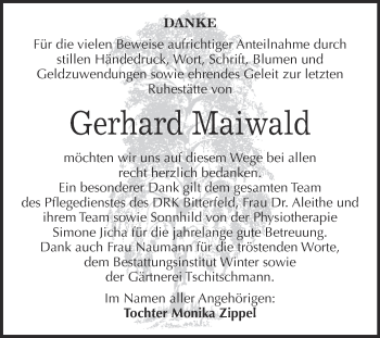Traueranzeige von Gerhard Maiwald von WVG - Wochenspiegel Bitterfeld
