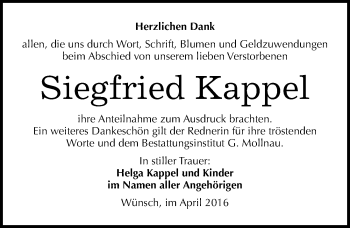 Traueranzeige von Siegfried Kappel von Mitteldeutsche Zeitung Merseburg/Querfurt