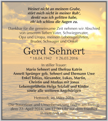 Traueranzeige von Gerd Sehnert von Wochenspiegel Mansfelder Land