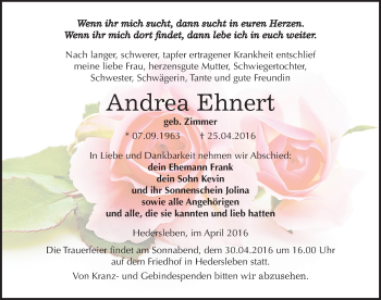 Traueranzeige von Andrea Ehnert von Mitteldeutsche Zeitung Mansfelder Land