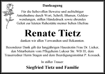 Traueranzeige von Renate Tietz von Mitteldeutsche Zeitung Dessau-Roßlau