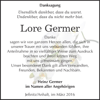 Traueranzeige von Lore Germer von WVG - Wochenspiegel Bitterfeld