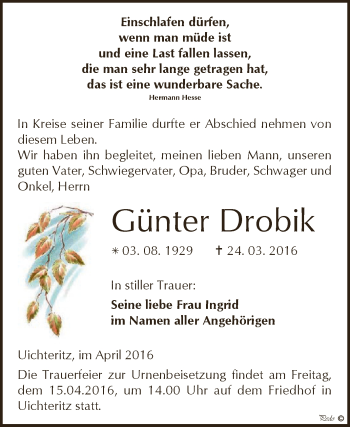 Traueranzeige von Günter Drobik von WVG - Wochenspiegel NMB / WSF / ZTZ