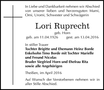 Traueranzeige von Lori Ruprecht von Mitteldeutsche Zeitung Zeitz