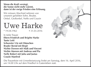 Traueranzeige von Uwe Harke von Super Sonntag Aschersleben