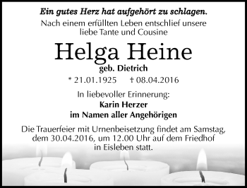 Traueranzeige von Helga Heine von Mitteldeutsche Zeitung Mansfelder Land
