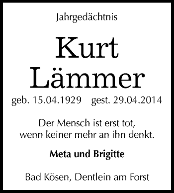 Traueranzeige von Kurt Lämmer von Mitteldeutsche Zeitung Naumburg/Nebra