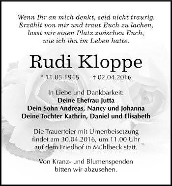 Traueranzeige von Rudi Kloppe von Mitteldeutsche Zeitung Bitterfeld