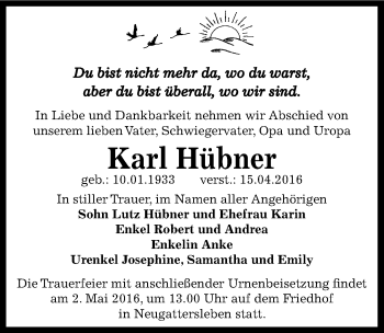 Traueranzeige von Karl Hübner von Mitteldeutsche Zeitung Bernburg