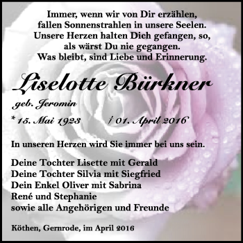Traueranzeige von Liselotte Bürkner von WVG - Wochenspiegel Quedlinburg