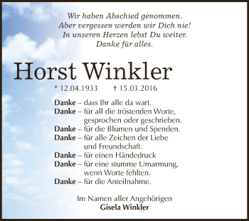 Traueranzeige von Horst Winkler von Wochenspiegel Mansfelder Land