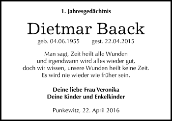 Traueranzeige von Dietmar Baack von Mitteldeutsche Zeitung Naumburg/Nebra