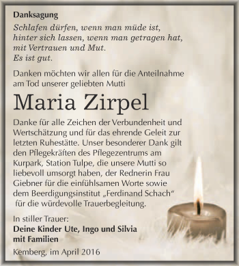Traueranzeige von Maria Zirpel von WVG - Wochenspiegel Wittenberg