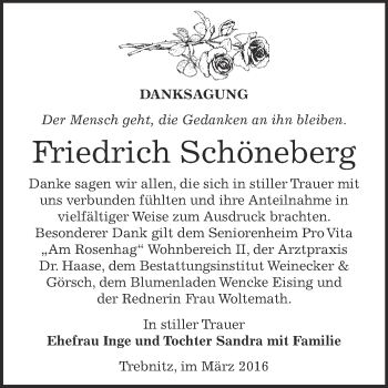 Traueranzeige von Friedrich Schöneberg von Super Sonntag Bernburg