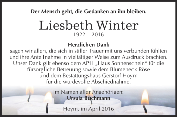 Traueranzeige von Liesbeth Winter von Super Sonntag Aschersleben