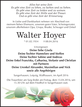 Traueranzeige von Walter Hoyer von Mitteldeutsche Zeitung Sangerhausen