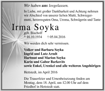 Traueranzeige von Irma Soyka von Mitteldeutsche Zeitung Mansfelder Land