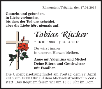 Traueranzeige von Tobias Rücker von Mitteldeutsche Zeitung Zeitz