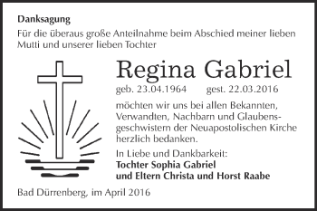 Traueranzeige von Regina Gabriel von Super Sonntag Merseburg