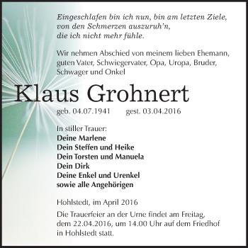 Traueranzeige von Klaus Grohnert von Super Sonntag SGH Mansf. Land
