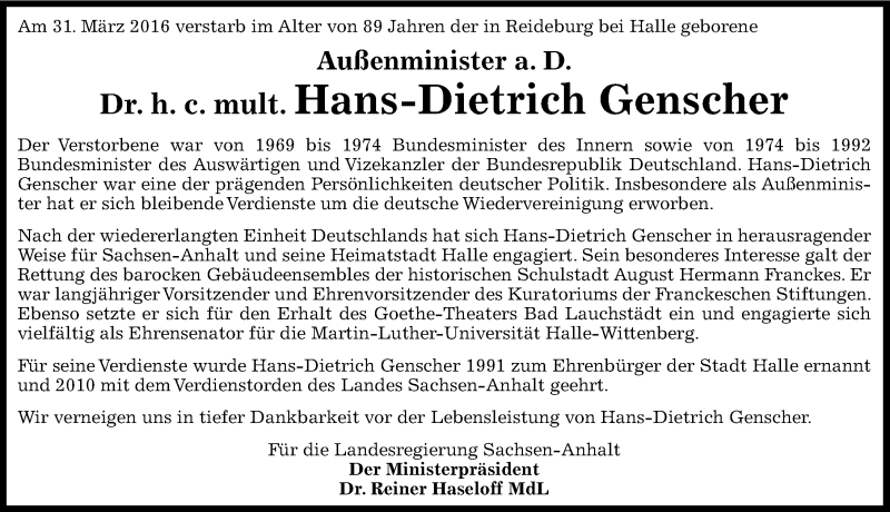  Traueranzeige für Hans-Dietrich Genscher vom 07.04.2016 aus Mitteldeutsche Zeitung