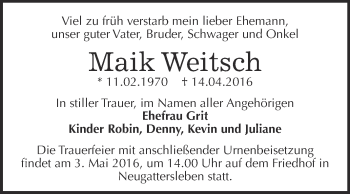 Traueranzeige von Maik Weitsch von Super Sonntag Bernburg