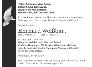 Traueranzeige von Ehrhard Weißbart von Super Sonntag Aschersleben