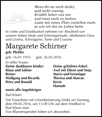 Traueranzeige von Margarete Schirner von Mitteldeutsche Zeitung Naumburg/Nebra