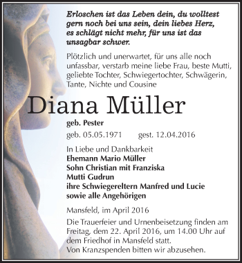 Traueranzeige von Diana Müller von Mitteldeutsche Zeitung Mansfelder Land