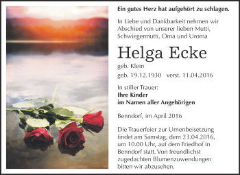 Traueranzeige von Helga Ecke von Super Sonntag SGH Mansf. Land