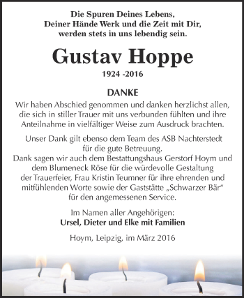 Traueranzeige von Gustav Hoppe von Super Sonntag Aschersleben