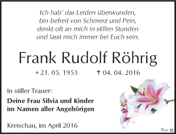 Traueranzeige von Frank Rudolf Röhrig von Mitteldeutsche Zeitung Weißenfels