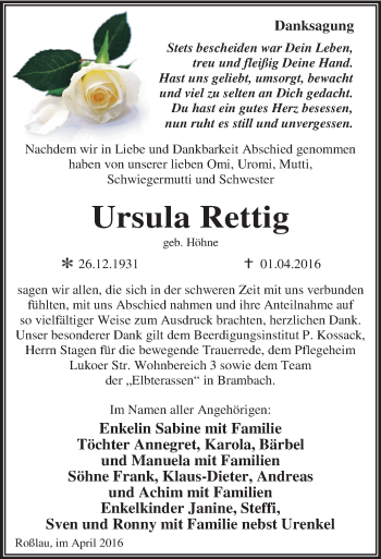 Traueranzeige von Ursula Rettig von Mitteldeutsche Zeitung Dessau-Roßlau
