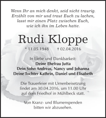 Traueranzeige von Rudi Kloppe von WVG - Wochenspiegel Bitterfeld