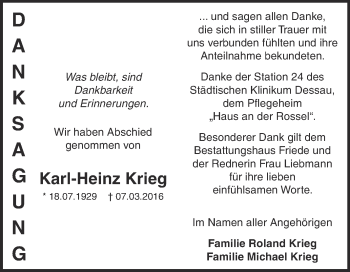 Traueranzeige von Karl-Heinz Krieg von WVG - Wochenspiegel Dessau / Köthen