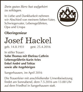Traueranzeige von Josef Hackel von Super Sonntag SGH Mansf. Land