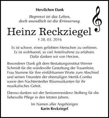 Traueranzeige von Heinz Reckziegel von Mitteldeutsche Zeitung Quedlinburg