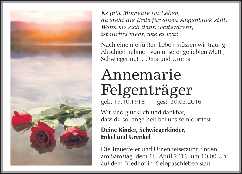  Traueranzeige für Annemarie Felgenträger vom 06.04.2016 aus Mitteldeutsche Zeitung Köthen