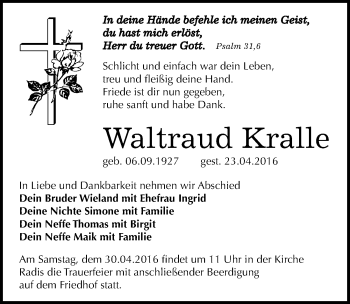 Traueranzeige von Waltraud Kralle von Mitteldeutsche Zeitung Wittenberg