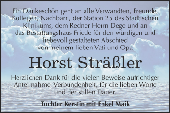 Traueranzeige von Horst Sträßler von WVG - Wochenspiegel Dessau / Köthen