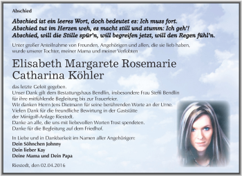 Traueranzeige von Elisabeth Margarete Rosemarie Catharina Köhler von Super Sonntag SGH Mansf. Land
