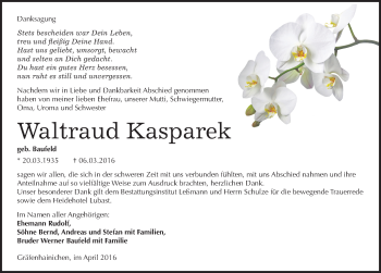 Traueranzeige von Waltraud Kasparek von Mitteldeutsche Zeitung Wittenberg