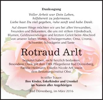 Traueranzeige von Rotraud Arlt von Mitteldeutsche Zeitung Weißenfels
