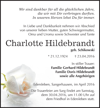 Traueranzeige von Charlotte Hildebrandt von Mitteldeutsche Zeitung Sangerhausen