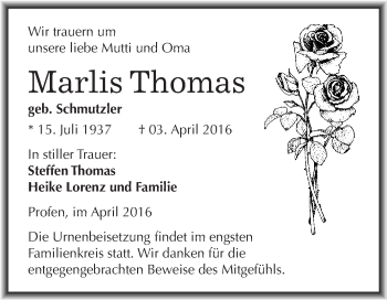 Traueranzeige von Marlis Thomas von Super Sonntag Zeitz