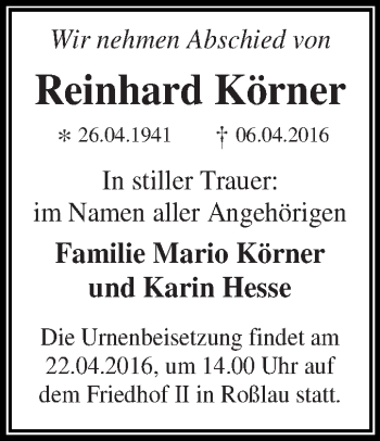 Traueranzeige von Reinhard Körner von WVG - Wochenspiegel Dessau / Köthen